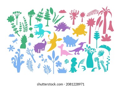 Conjunto vectorial de siluetas planas de flora y fauna prehistórica. Dinosaurios, plantas, árboles, hojas, flores, elementos de la selva tropical. Dibujo plano de caricatura.