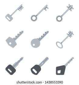 Vector Set of Flat Silver Key Icons. Modern and Antique Type of Keys.