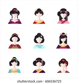 Vector set of flat simple avatars made in citcle. Japanese Geisha face with different  hair style.