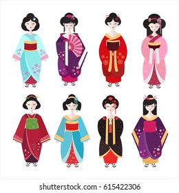 Vector set of flat simple characters on white background Japanese Geisha in different kimono .