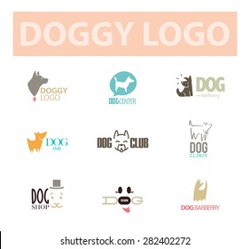 Vector set of flat simple cute dog logo isolated on white background. Pet club, store, shop, doggy center or barberry, sport club, veterinary clinic. Hunting club emblem, animal food shelter icon.