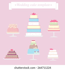 Vector set of flat simple wedding cake icon. Invitation, anniversary, birthday, party, congratulation, lover card element design. Flowers, icing decoration.