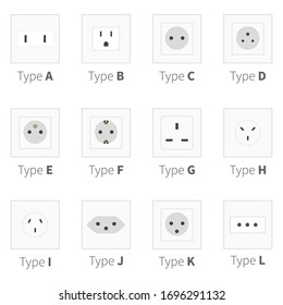 Vector Set of Flat Socket Icons. All Popular Types of Power Sockets.