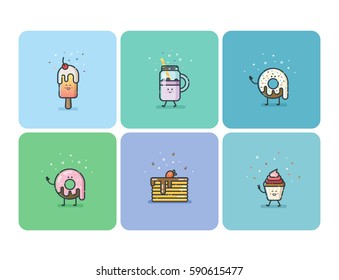 Vector set of flat street food icons, deserts, sweets, cute cartoon food characters 