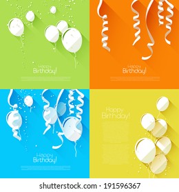 Vector set of flat style birthday backgrounds with balloons and confetti