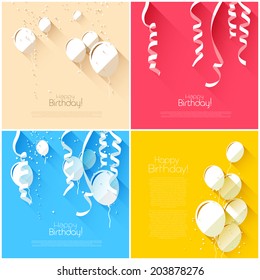 Vector set of flat style birthday backgrounds with balloons and confetti