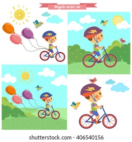 Vector set in flat style with boy, bicycle and birds.