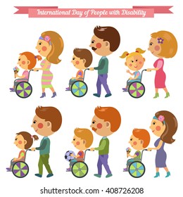 Vector set in flat style with boy and girl in a wheelchair and their parents. International Day of People with Disability. Boy, girl, woman, man.