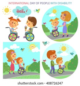 Vector set in flat style with boy and girl in a wheelchair and their parents. International Day of People with Disability. Boy, girl, woman, man.