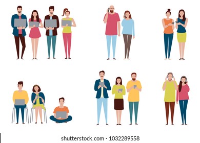 Vector set in a flat style of business people with devices: laptop, phone, tablet, headphones.


