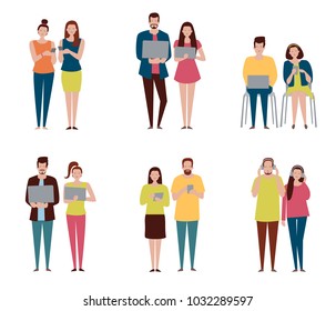 Vector set in a flat style of business people with devices: laptop, phone, tablet, headphones.