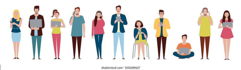 Vector set in a flat style of business people with devices: laptop, phone, tablet, headphones.


