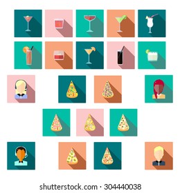 Vector Set in Flat Style: Call Center Operator Icons; Cocktails, Drinks and Slice Pizza Icons.