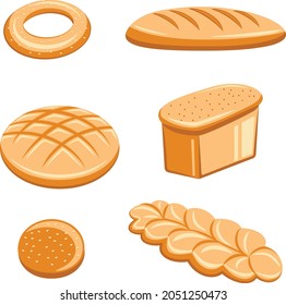 Vector set in a flat style. Different types of bakery products.