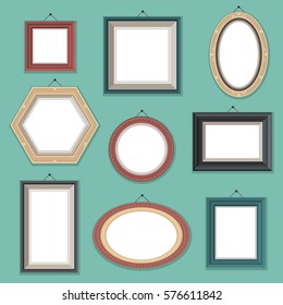 Vector Set Of Flat Style Empty Photo Frames On The Wall, Different Shapes And Colors. Picture, Drawing, Painting Cute Cartoon Frame. Vintage, Retro Illustration. 