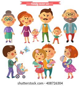 Vector Set In Flat Style With Family. Mother, Father, Son, Daughter, Grandma And Grandpa. Family With Newborns. Father With Carriage. Mother With Baby In Sling.