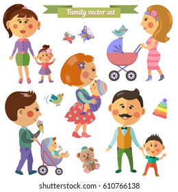 Vector set in flat style with family. Mother, father, son, daughter, grandma and grandpa. Family with newborns. Father with carriage. Mother with baby in sling. 