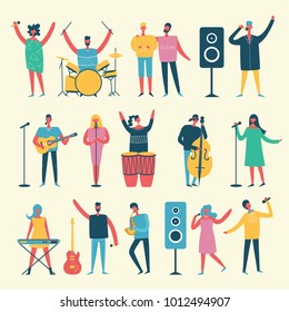 Vector set in a flat style of group of singing, playing guitar, drums, piano, saxophone and other music instrument people