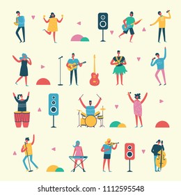 Vector set in a flat style of group of singing, playing different music instrument people