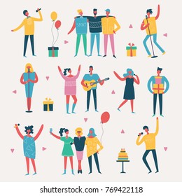 Vector set in a flat style of group of happy best friends celebrating birthday at the party.