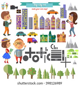 Vector set in flat style with houses, buildings, roads, cars, trees, women and man. 