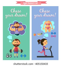 Vector set in flat style with man and woman and gym equipment. Motivation posters.