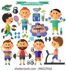 Vector set in flat style with men and sport equipment. Dumbbells, kettlebell, treadmill, running shoes, weighing scale