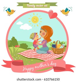 Vector set in flat style. Mother and baby. Mother's day. Picnic, nature. Sun and cloud. Outing. Picnic basket. Family.