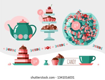Vector set. Flat style pastry illustrations. Composition of sweets, cakes and cupcakes with a price tag.