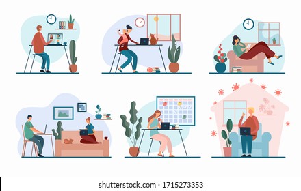 Vector set of flat style pictures with men and women working with gadgets remotely from houses because of childcare or quarantine