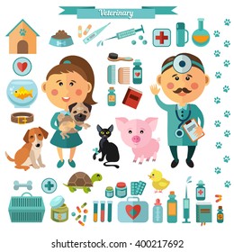 Vector set in flat style with vets, dog, cat, piglet, pills, medicine and pet accessories