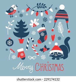 Vector set at flat style winter holidays. Trees without leaves, delicate branches, black and white background. Christmas tree, candy canes, mittens, snowflakes, and other objects.