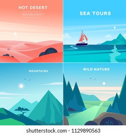 Vector set of flat summer landscape illustrations with desert, ocean, mountains, sun, forest on blue clouded sky. Perfect for travel camping tour poster, placard, flayer, leaflet, banner. Nature view.