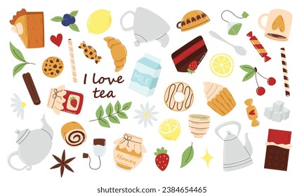 Conjunto vectorial de té plano y dulces aislados sobre fondo blanco