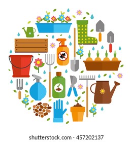 Vector set flat. tools for gardening, spade, hoe, rake, watering can, bucket, fertilizer for crops, insect repellent and pests. Garden set with flowers and vegetables in pots. Elements for infographic