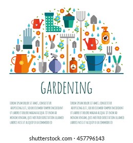 Vector set flat. tools for gardening, spade, hoe, rake, watering can, bucket, fertilizer for crops, insect repellent and pests. Garden set with flowers and vegetables in pots. Elements for infographic