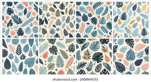 Vector set flat tropical leaves background in simple flat design style
