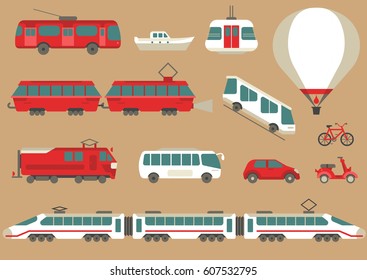 Vector set of flat urban transport to create and generate tourist maps. Various red and white vehicles on a beige background.