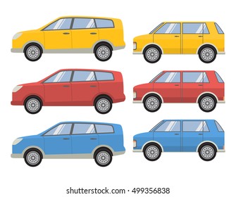 Vector set of flat various city cars.Urban vehicles icons.hybrid car.Side view, isolated. Different car types sedan and  hatchback and coupe. websites, games,children's goods and packings,toys emblems