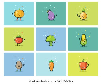 Vector set of flat vegetable icons, cute cartoon characters, baby menu 