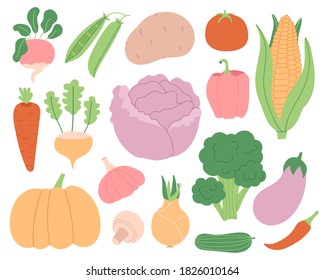 Vector Set of Flat Vegetables. Healthy Diet. Hand Drawn Vegetarian Food.Useful Ingredients.Cute Agriculture.Collection of Organic Vitamins.Farm Elements for Cooking.Isolated on white background.