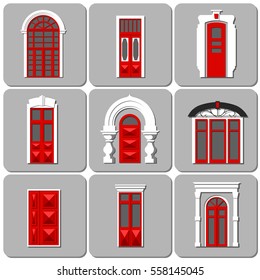Vector set of flat vintage decorative red doors in London style on gray background.