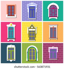 Vector set of flat vintage decorative different windows on colorful brick facades.  