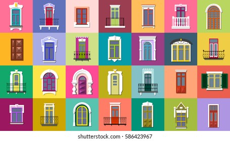 Vector set of flat vintage different decorative doors, windows, balconies on colorful squares. 