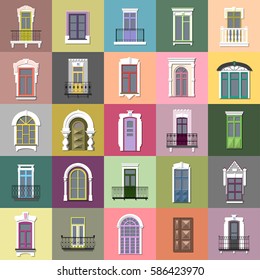 Vector set of flat vintage different decorative doors, windows, balconies on colorful squares. 