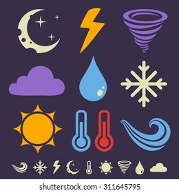 Vector set flat weather icons in dark background