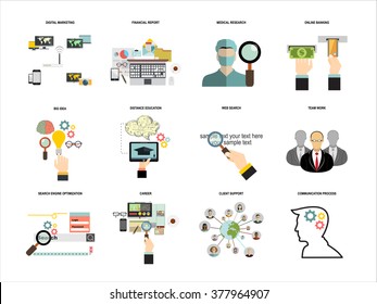 Vector set  flat web icons on following themes - business and finance, education and knowledge, technology and hardware,web search,medical research,client support,digital marketing