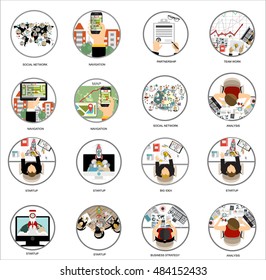 Vector set flat web icons on following themes - business and finance, education and knowledge, technology and hardware,money,architecture design,social network,creative process