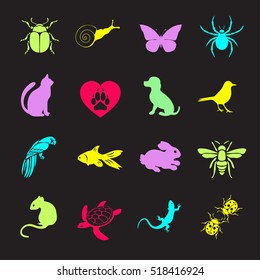 Vector set flat web icons animals and insects. Multicolored icons for internet, mobile apps, interface design, pet store site