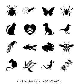 Vector set flat web icons animals and insects. Black and white icons for internet, mobile apps, interface design, pet store site